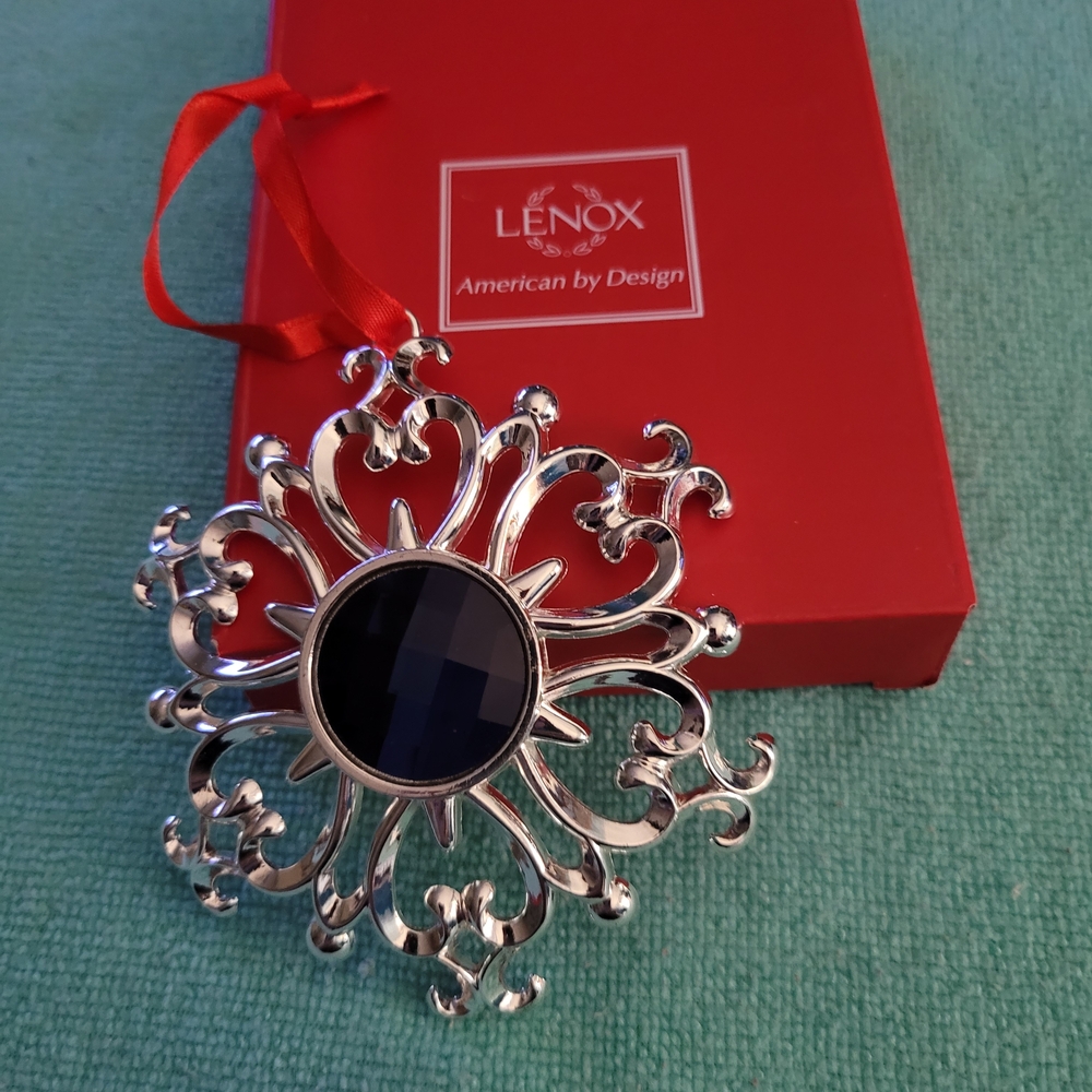 Lenox Silver Snowflake Ornament with Dark Blue Gem